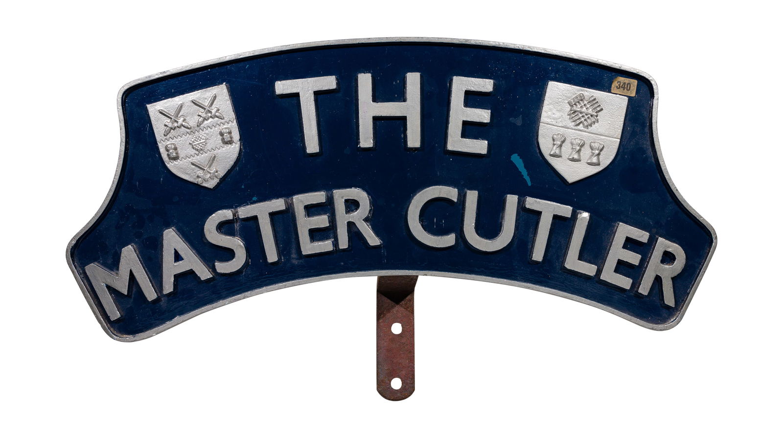 Master Cutler Locomotive Headboard: Master Cutler Locomotive Headboard Cold cast resin having a blue ground, raised silver lettering and coat of arms, mounting bracket Property from: The Estate of Thomas ('Tom') Jones, Wilton, Connectic