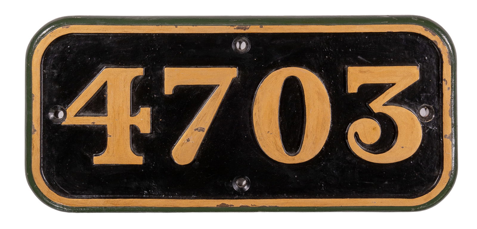 GWR Cast Iron Cabside Numberplate 4703 ex 4700 Class 2-8-0: GWR Cast Iron Cabside Numberplate 4703 ex 4700 Class 2-8-0 Built 1922, withdrawn 1964 Provenance: From the collection of Brian Harry, February 2006 Property from: The Estate of Thomas ('Tom') Jones, W