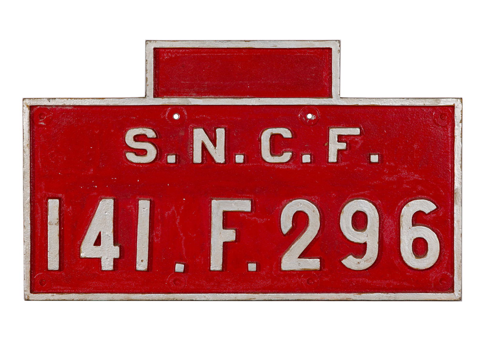 SNCF Cast Aluminum Tenderplate 141.F.296: SNCF Cast Aluminum Tenderplate 141.F.296 Cast aluminum having a red field with raised silver lettering, '38115 X locos' and '38116 X tenders' stamped on the back Property from: The Estate of Thomas ('