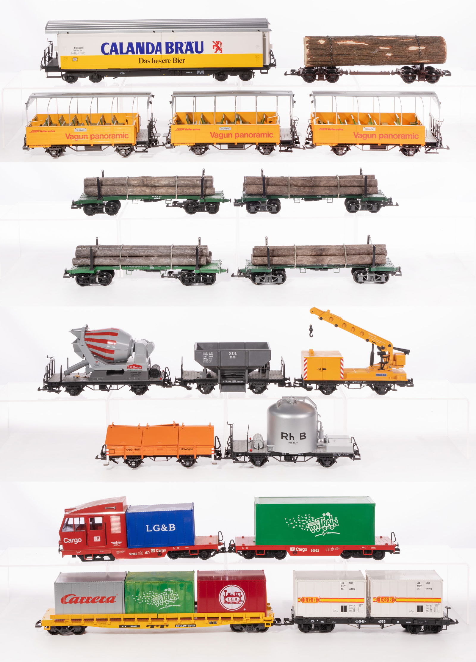 LGB Lehmann Model Train G Scale Car Assortment: LGB Lehmann Model Train G Scale Car Assortment (18) items including sight seeing coaches, logging flat cars, rail vehicles and freight cars Property from: an Estate, Downers Grove, Illinois Height: 6