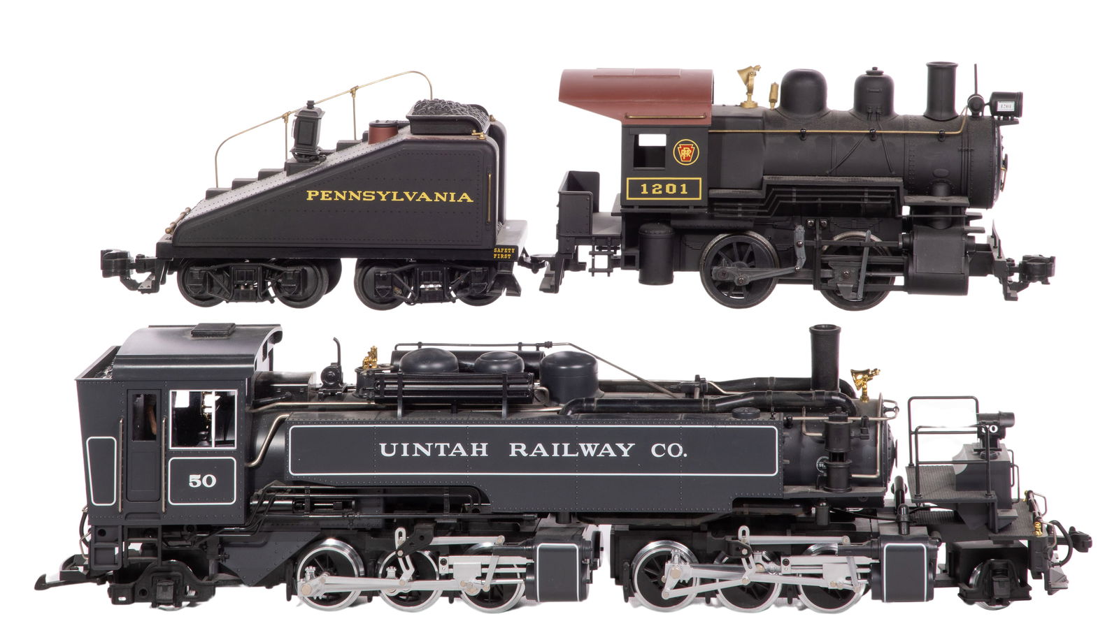 LGB Lehmann Model Train G Scale Locomotives: LGB Lehmann Model Train G Scale Locomotives (2) items including a #21881 Uintah Railway Baldwin 2-6-6-2 steam locomotive #50 and a Pennsylvania 0-4-0 locomotive #1201 with tender Property from: an Est