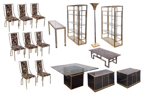 Attributed to Renato Zevi Furniture Suite: Attributed to Renato Zevi Furniture Suite (16) unmarked items including a dining table having brass and chrome framed glass top on brass framed black laminate base and (8) upholstered brass chairs, (2