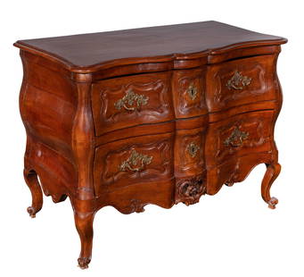 French Walnut Bombe Commode: French Walnut Bombe Commode Rococo style 2-drawer chest of drawers having pegged joinery, solid carved side stiles, dovetailed drawer fronts, a shaped top pegged to frame, brass hardware including loc