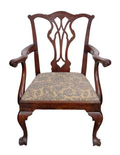 George III Mahogany Chippendale Chair: George III Mahogany Chippendale Chair Having a silver plated plaque attached to back below splat giving biographical details about Lydia Derragh (sic), informational paper label underside