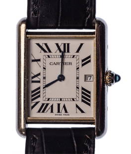 Cartier 18k White Gold Case and Buckle Tank Louis Wristwatch: Cartier 18k White Gold Case and Buckle Tank Louis Wristwatch Serial #58674CE ref #2678 manual wind having a white dial, Roman numeral hour markers, sapphire cabochon on crown, signed black