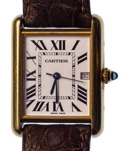 Cartier 18k Yellow Gold Case and Buckle Tank Louis Wristwatch: Cartier 18k Yellow Gold Case and Buckle Tank Louis Wristwatch Serial #373126MG, reference #2441, manual wind having a white dial, Roman numeral hour markers, cabochon on crown, signed brown