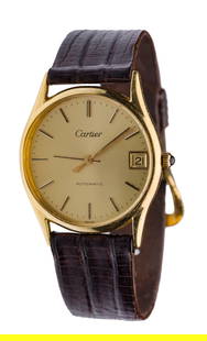 Cartier 18k Yellow Gold Case Automatic Wristwatch: Cartier 18k Yellow Gold Case Automatic Wristwatch Serial #5056210 having a round case, gold face, stick indices and date at 3-o'clock, replacement band Property from: an Estate, Barrington, Illinois L