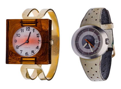 Omega Automatic and LeCourier Wristwatches: Omega Automatic and LeCourier Wristwatches (2) items including an Omega Geneve Dynamic, automatic movement with retro design gray leather band and a LeCourier acrylic bracelet Property from: an Estate