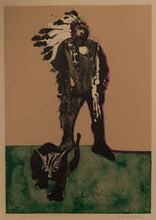 Fritz Scholder (American, 1937-2005) 'Indian with Cat' Lithograph: Fritz Scholder (American, 1937-2005) 'Indian with Cat' Lithograph Undated, pencil signed lower right margin, #29 / 100, blind stamps in both lower corners, matted in a black laminate frame Property fr