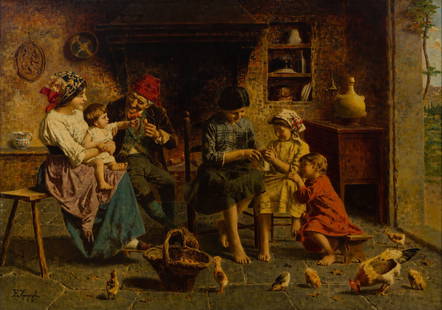 Eugenio Zampighi (Italian, 1859-1944) Oil on Canvas: Eugenio Zampighi (Italian, 1859-1944) Oil on Canvas Undated, signed lower left, depicting an interior scene of a family with baby chickens at their feet, in a wood frame Property from: a Private Colle