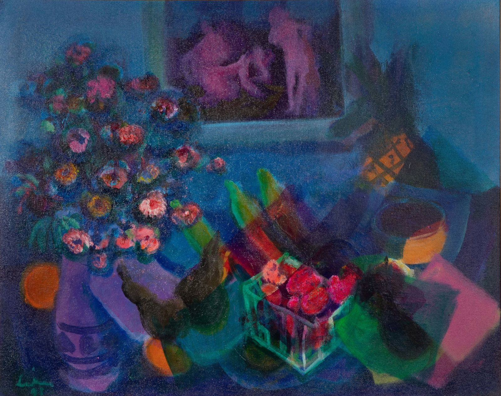 Gustav Likan (Yugoslavian, 1912-1998) 'Hommage to Renoir' Oil on Canvas: Gustav Likan (Yugoslavian, 1912-1998) 'Hommage to Renoir' Oil on Canvas 1993, signed lower left, inscribed 'To Dave from Likan 1993' on frame, titled on stretcher, depicting a still life set before a 