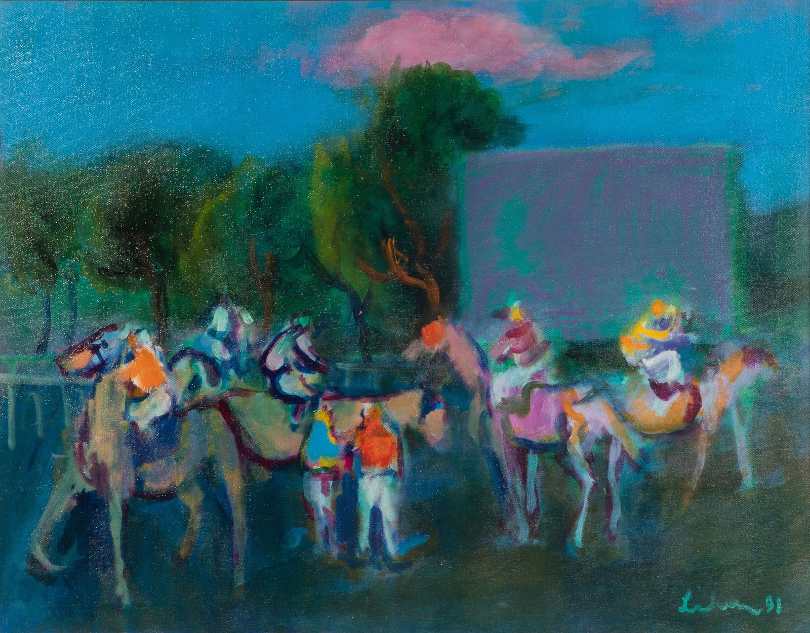 Gustav Likan (Yugoslavian, 1912-1998) Oil on Canvas: Gustav Likan (Yugoslavian, 1912-1998) Oil on Canvas 1991, signed and dated lower right, depicting jockeys mounting up, in a painted gesso on carved wood frame Property from: an Estate, Chicago (River