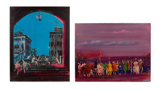 Ludovico de Luigi (Italian, b.1933) Oils on Canvas: Ludovico de Luigi (Italian, b.1933) Oils on Canvas (2) paintings including 'Venetians Peeping Through the Hole of the Wondrous House' and an illegibly titled work, each signed lower right and titled l