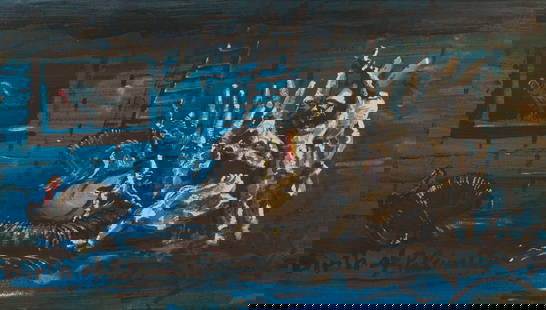 Ludovico de Luigi (Italian, b.1933) 'Birth of Pulcinella' Oil on Canvas: Ludovico de Luigi (Italian, b.1933) 'Birth of Pulcinella' Oil on Canvas Undated, signed lower right, depicting an abstract Punch and turkey scene, in black laminate wood frame Property from: a Private