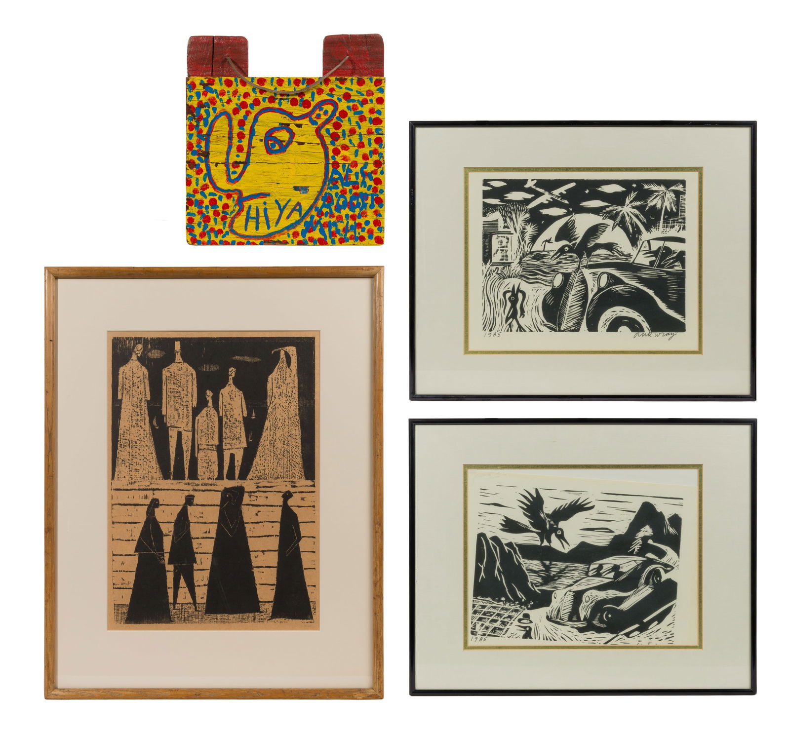Dick Wray (American, 1933-2011) Woodblock Prints: Dick Wray (American, 1933-2011) Woodblock Prints (4) items, including (2) dated 1985, signed lower right, depicting birds and cars; together with an undated, unsigned woodblock attributed to Margo Hof