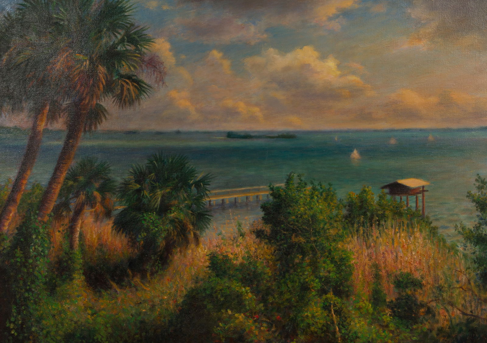 Tom Sadler (American, 20th-21st Century) 'Late Afternoon, Indian River' Oil on Canvas: Tom Sadler (American, 20th-21st Century) 'Late Afternoon, Indian River' Oil on Canvas Undated, initialed 'TS' lower right, depicting palm trees and a pier, in gold-tone wood frame Property from: an Es