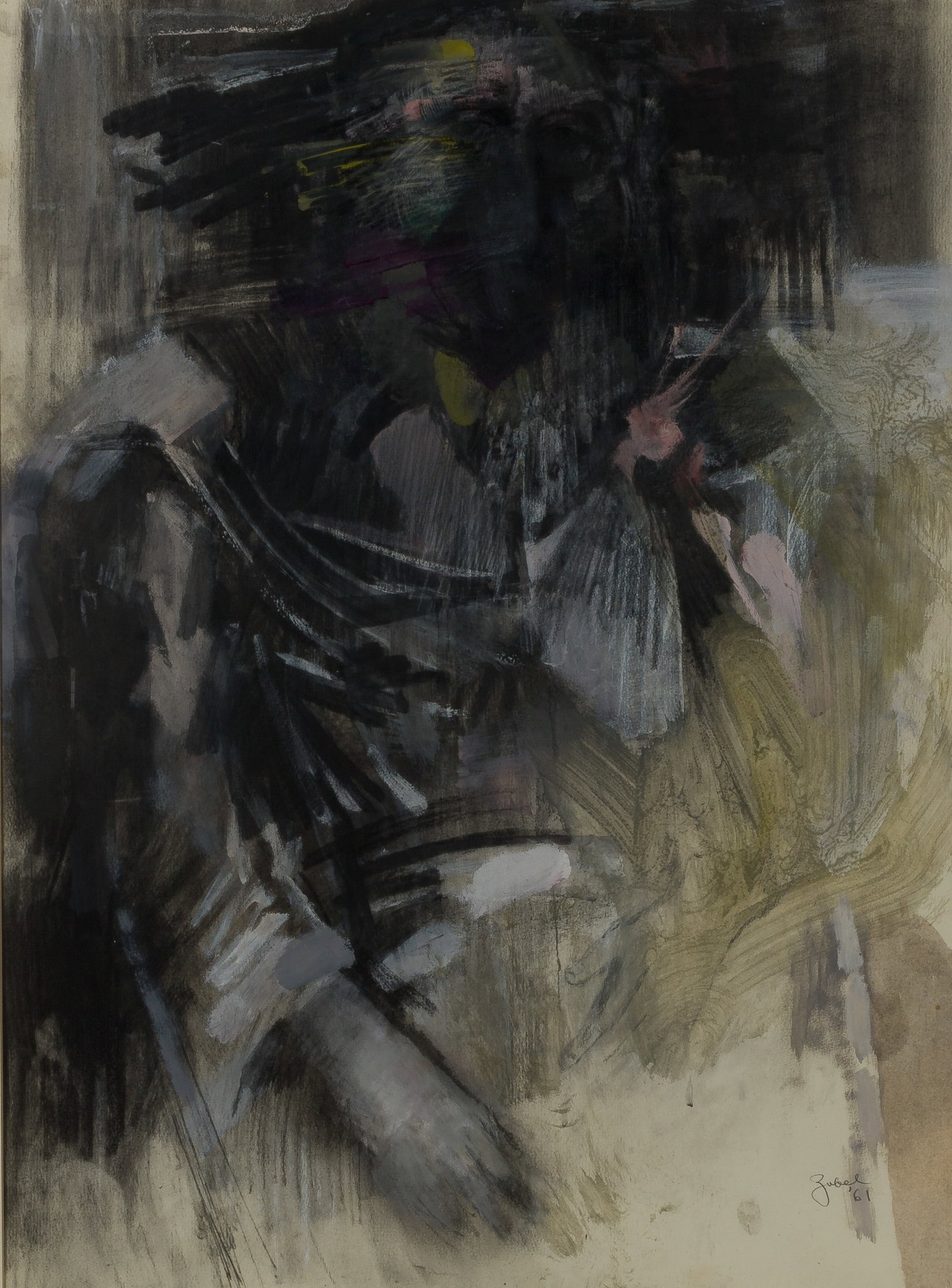 Zubel Kachadoorian (American, 1924-2002) Mixed Media on Paper: Zubel Kachadoorian (American, 1924-2002) Mixed Media on Paper 1961, signed and dated lower right, depicting an abstracted portrait in oil, graphite and charcoal, matted and framed under glass Property