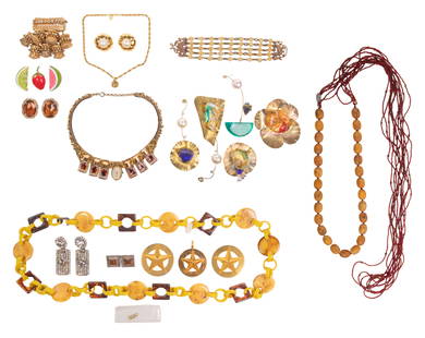 Designer Jewelry Assortment: Designer Jewelry Assortment (21) items, Chanel including a chain choker with pendant and a pair of earrings, Yves Saint Laurent including (2) pairs of earrings, a necklace and (3) star badge brooches,