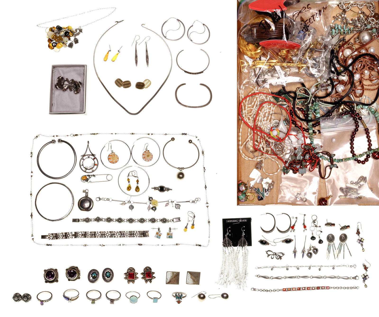 Gold, Sterling Silver and Costume Jewelry Assortment: Gold, Sterling Silver and Costume Jewelry Assortment Including a pair of earrings (marked '10k'), a pair of James Avery earrings and various necklaces, rings, bracelets, earrings and pins (most marked
