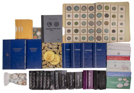US and World Coin Assortment: US and World Coin Assortment Including a war nickel, (3) Mercury 10c, 1946 to 1964 Roosevelt 10c set, (6) Roosevelt 10c, (13) Washington 25c, (3) Sacajawea $1, US proof sets from (2) 1974, 1975, (2) 1