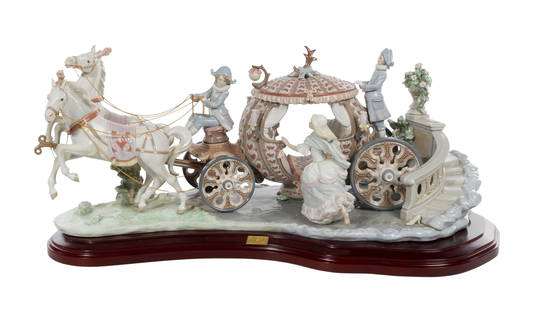 Lladro #1493 'At Stroke Twelve' Porcelain Figurine: Lladro #1493 'At Stroke Twelve' Porcelain Figurine Signed on underside, having a mahogany stained base Property from: an Estate, St. Charles, Illinois Height: 13 inches, Length: 28 inches, Width: 9 in