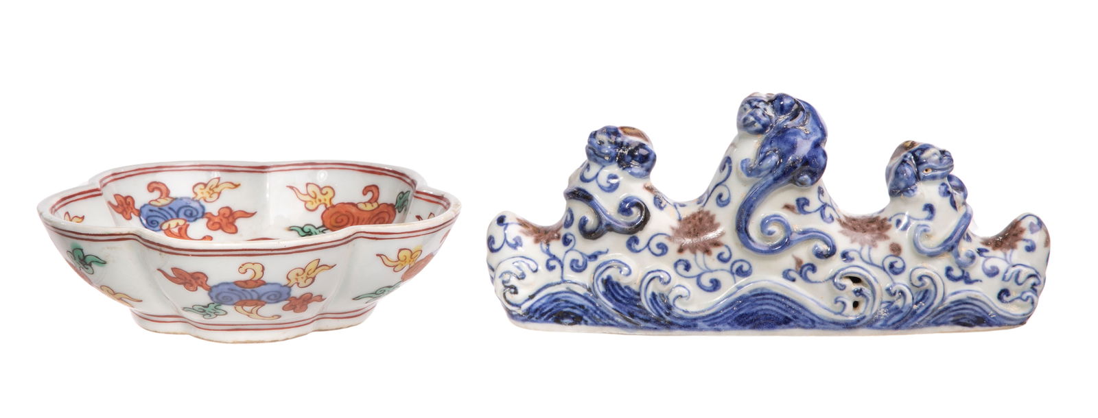 Chinese Porcelain Decorative Objects: Chinese Porcelain Decorative Objects (2) items, including a five-peaked brush rest with underglaze blue and iron red dragon design and a Wucai decorated dragon and foliage motif bowl having a scallop