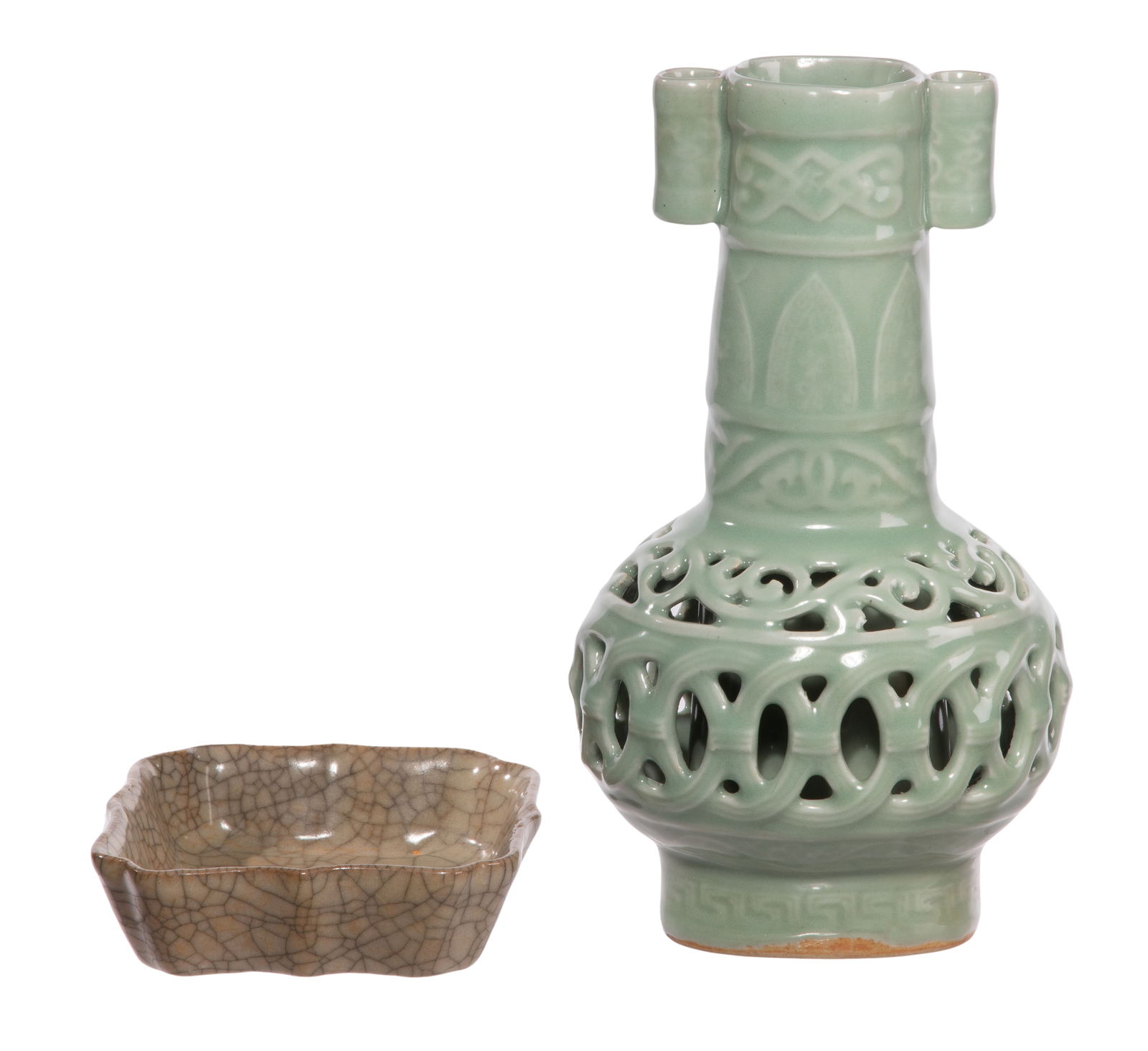 Chinese Celadon Decorative Objects: Chinese Celadon Decorative Objects (2) items including a Ge ware brush washer and a reticulated arrow vase having a globular body with tall cylindrical neck and tubular handles, each in padded wood bo
