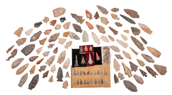 Native American Arrowhead Assortment: Native American Arrowhead Assortment Over (120) items of chert, flint, jasper and quartz, mostly Woodland to historic period but including some Archaic period side and corner notched points, also incl