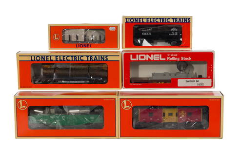 Lionel Model Train O Scale Flatcar Assortment: Lionel Model Train O Scale Flatcar Assortment (28) items including search cars, lumber cars and piggybacks, all in boxes Property from: a Private Collector, Addison, Illinois Height: 3 inches, Width: