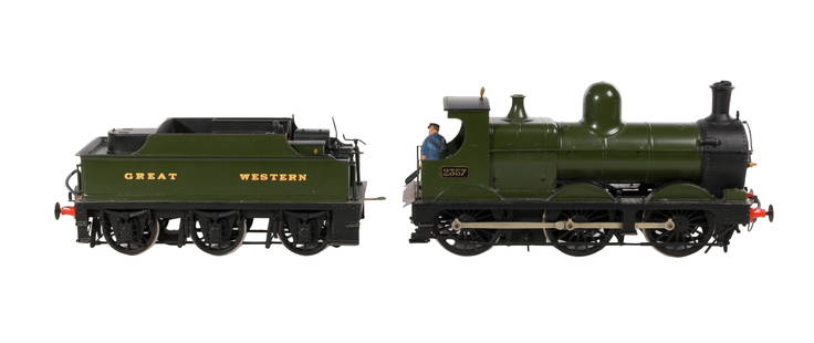Lawrence Scale Models Model Train O Scale Locomotive with Tender: Lawrence Scale Models Model Train O Scale Locomotive with Tender Kit built, hand painted, class 2301 0-6-0 Great Western steam locomotive #2357 with tender, tag on underside 'built by Derrick Lawrence