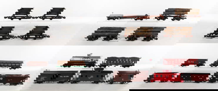 Bachmann Model Train G Scale Assortment: Bachmann Model Train G Scale Assortment (18) items including (4) #92504 V-dump cars, (3) #98490 skeleton log cars with logs, a #93520 D&RGW Rio Grande boxcar, a #98201 Union Pacific 3-bay hopper, a #9