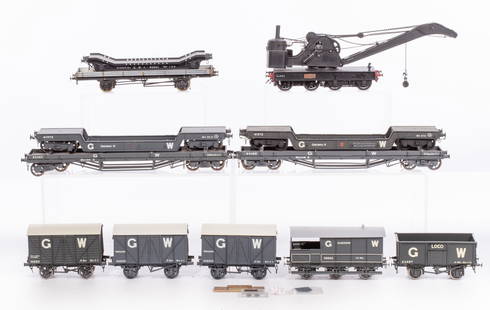 Lawrence Scale Models Model Train O Scale Car Assortment: Lawrence Scale Models Model Train O Scale Car Assortment (12) items including a Cowans Sheldon & Co. steam crane car #1856 signed 'P.K. Dawson / D. Studley 5/06', (2) GWR depressed center flatcars