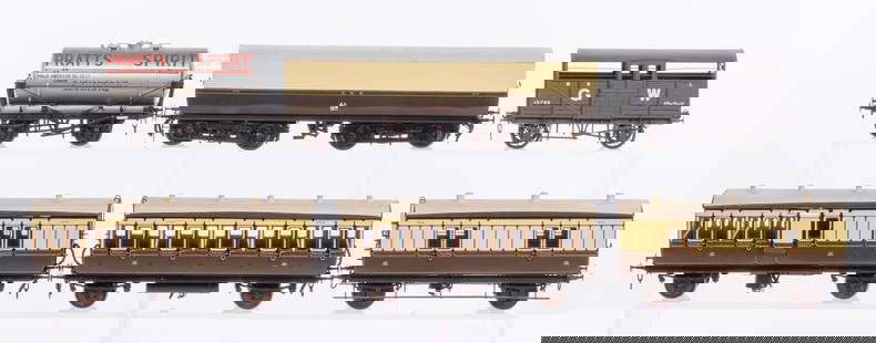 Lawrence Scale Models Model Train O Scale Car Assortment: Lawrence Scale Models Model Train O Scale Car Assortment (6) kit-made, hand painted items from various railways including (2) carriages, a luggage car, a bullion van, an oil tanker and a cattle car, a