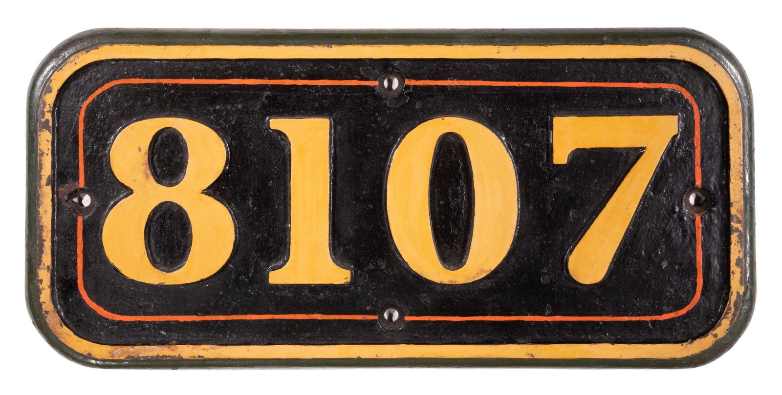 GWR Cast Iron Cabside Numberplate 8107 ex 3100/5100 Class 2-6-2T: GWR Cast Iron Cabside Numberplate 8107 ex 3100/5100 Class 2-6-2T Originally numbered 3116, re-numbered to 5116, built 1905, withdrawn 1962 Provenance: From the collection of Brian Harry, February 2006
