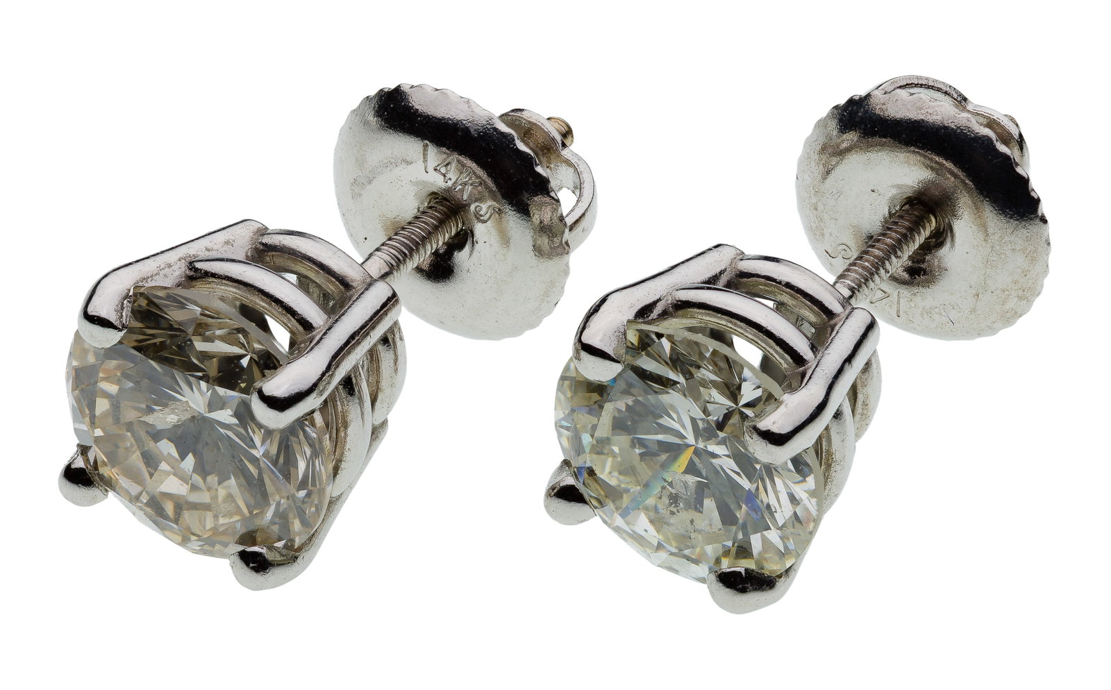 14k White Gold and Diamond Stud Pierced Earrings: 14k White Gold and Diamond Stud Pierced Earrings Round cut diamonds weighing approximately 1.01 carats each (6.6 by 6.6 by 3.8mm), I/J color, I-1 clarity, each in a basket setting (marked '14k') Prope