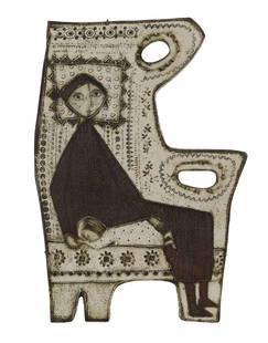 Linnea Rut Bryk (Finnish, 1916-1999) Porcelain Tile: Linnea Rut Bryk (Finnish, 1916-1999) Porcelain Tile Undated, incised signature lower left and lower left verso, having the form of a chair and depicting a seated mother and child Property from: a Priv