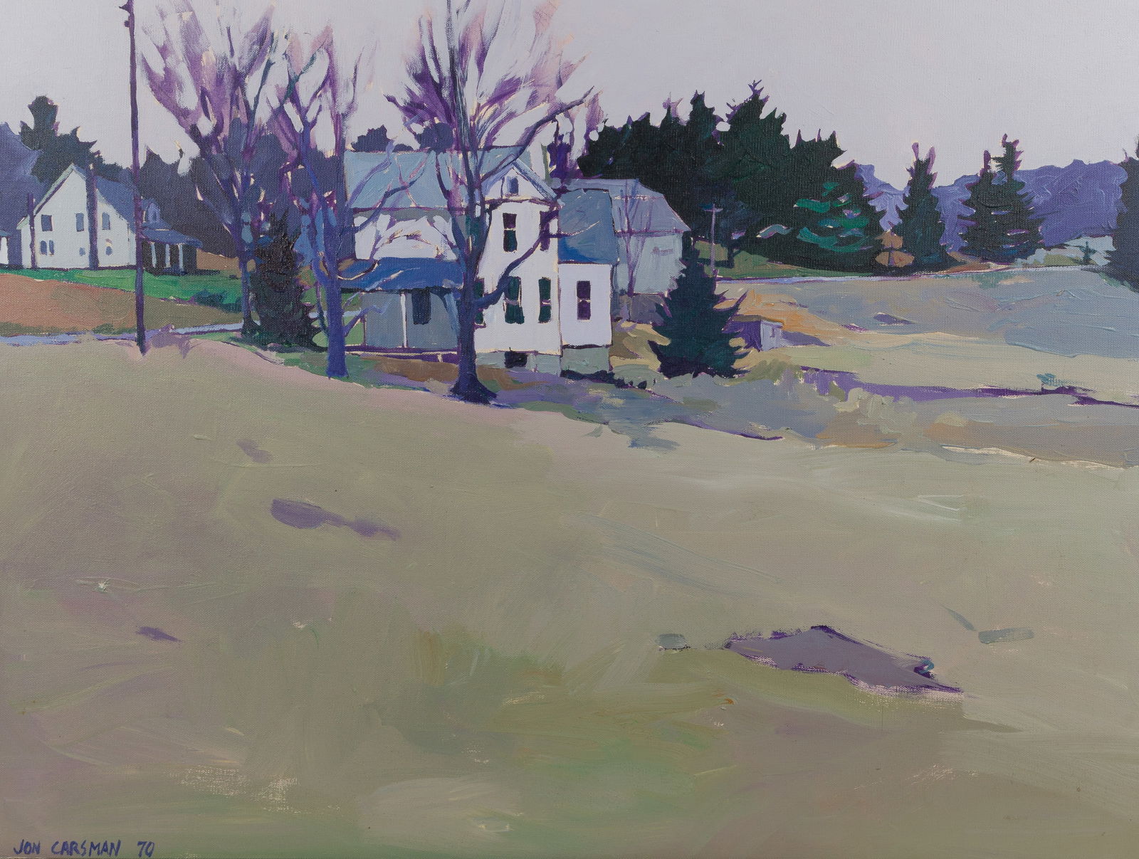 Jon Carsman (American, 1944-1987) 'Huntsville Bend' Oil on Canvas: Jon Carsman (American, 1944-1987) 'Huntsville Bend' Oil on Canvas 1970, signed lower left, depicting a house in the mountains, in a silver-tone accent wood frame Property from: a Private Estate, Evans