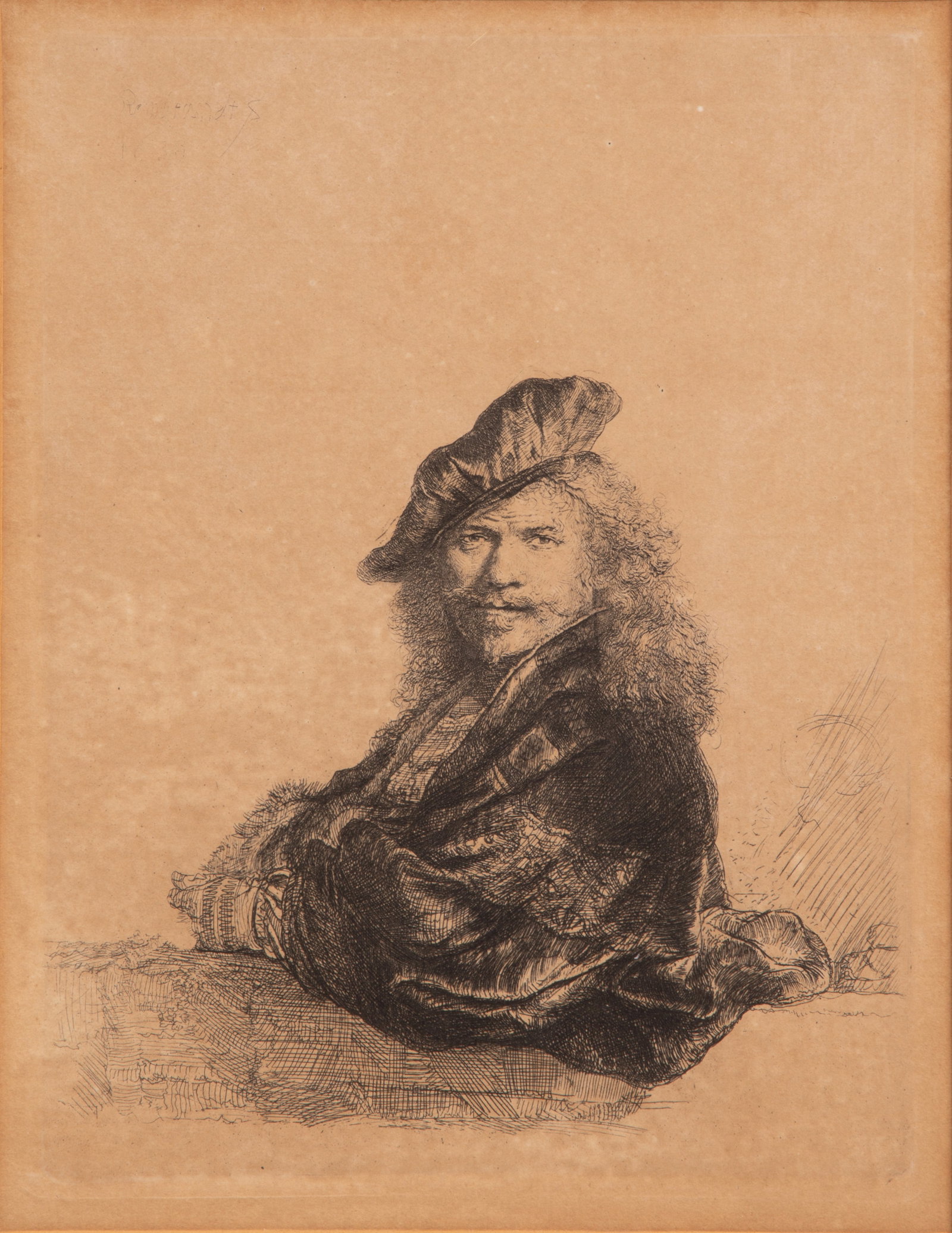 After Rembrandt van Rijn (Dutch, 1606-1669) 'Self-Portrait Leaning on a Stone Sill' Etching (1 of 3)