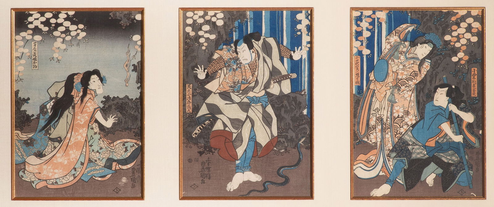 Utagawa Kunisada (Toyokuni III) (Japanese, 1786-1864) Kabuki Triptych Woodblock Prints (1 of 5)