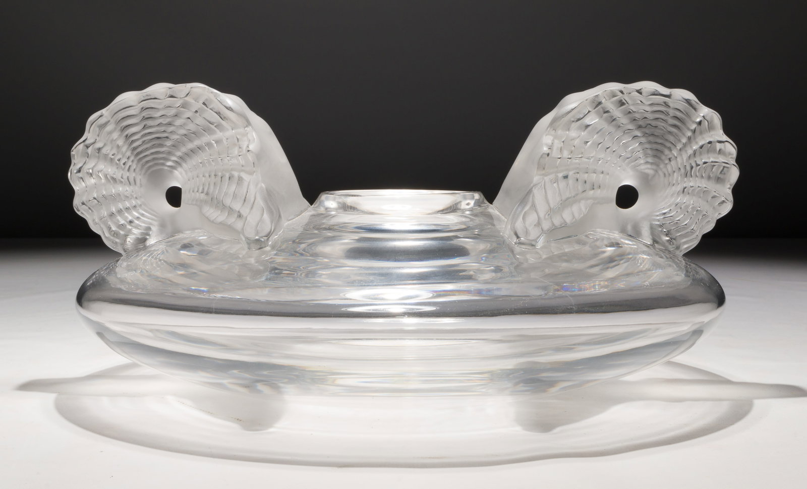 Lalique Crystal Santorin Vase: Lalique Crystal Santorin Vase Having frosted glass horns, etched mark to the underside Property from: an Estate, Chicago (Streeterville), Illinois Height: 5 inches, Width: 11 inches, Depth: 11 1/2 inc