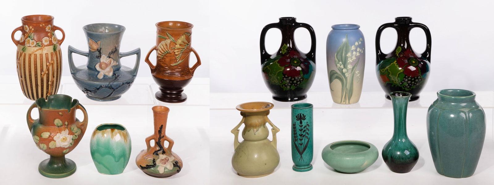 Roseville Pottery Assortment: Roseville Pottery Assortment (13) items including Roseville #93, #147, #179, #123 and #1328 (all marked on underside), a Weller lily vase signed England on side, a Gustavsberg Argenta silver overlay l