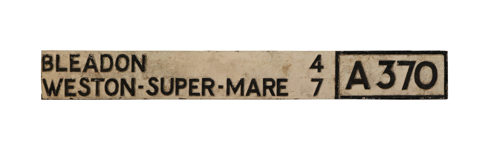 Road Distance Sign BLEADON WESTON-SUPER-MARE: Road Distance Sign BLEADON WESTON-SUPER-MARE A370, 47, cast iron black and white paint Property from: an Estate, Wilton, Connecticut Height: 7 inches, Width: 59 inches Condition: paint loss, minor rus
