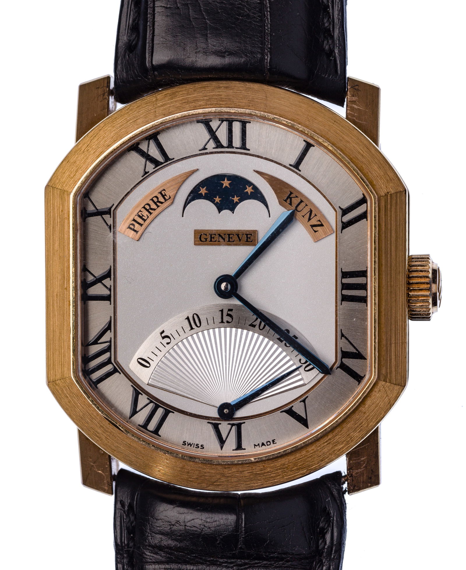 Pierre Kunz 18k Rose Gold Case and Buckle Challenger Classic Retrograde Wristwatch: Pierre Kunz 18k Rose Gold Case and Buckle Challenger Classic Retrograde Wristwatch Reference #PKC007SRL5NW having a fixed bezel, two-color dial of white and silver, blue-tone hands and Roman numeral h