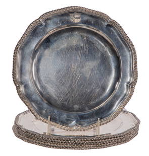 Andrew Fogelberg & Stephen Gilbert Sterling Silver Plate Collection: Andrew Fogelberg & Stephen Gilbert Sterling Silver Plate Collection c.1792, set of (6) second course plates in the George III style having gadrooned edging and an engraved crest (hallmark, lion