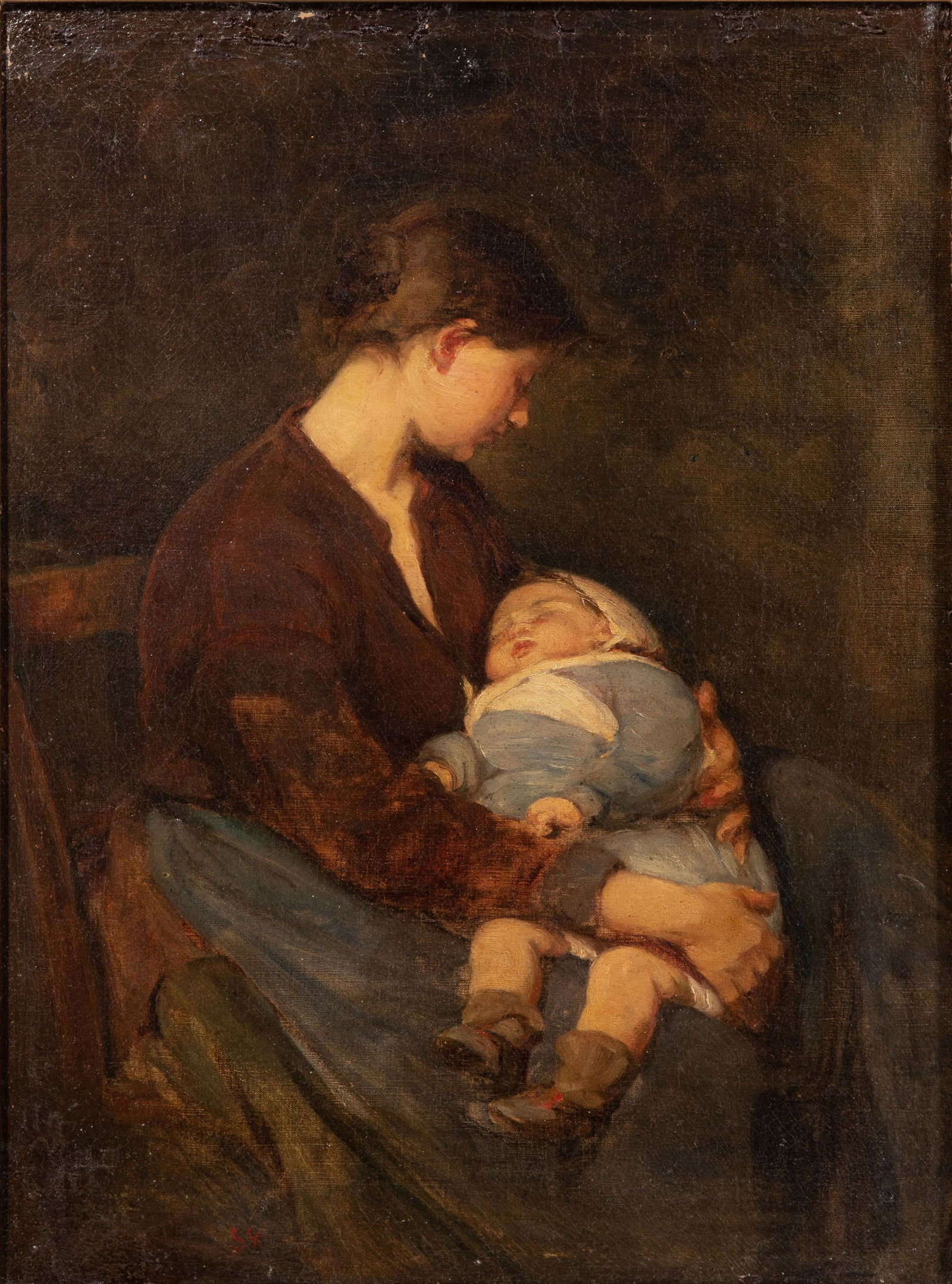 Attributed to Elizabeth Nourse (American, 1860-1938) Oil on Canvas: Attributed to Elizabeth Nourse (American, 1860-1938) Oil on Canvas Undated, almost illegibly signed lower left, depicting a mother and child, in a gold tone frame, having a Paul Foinet stamp on canvas