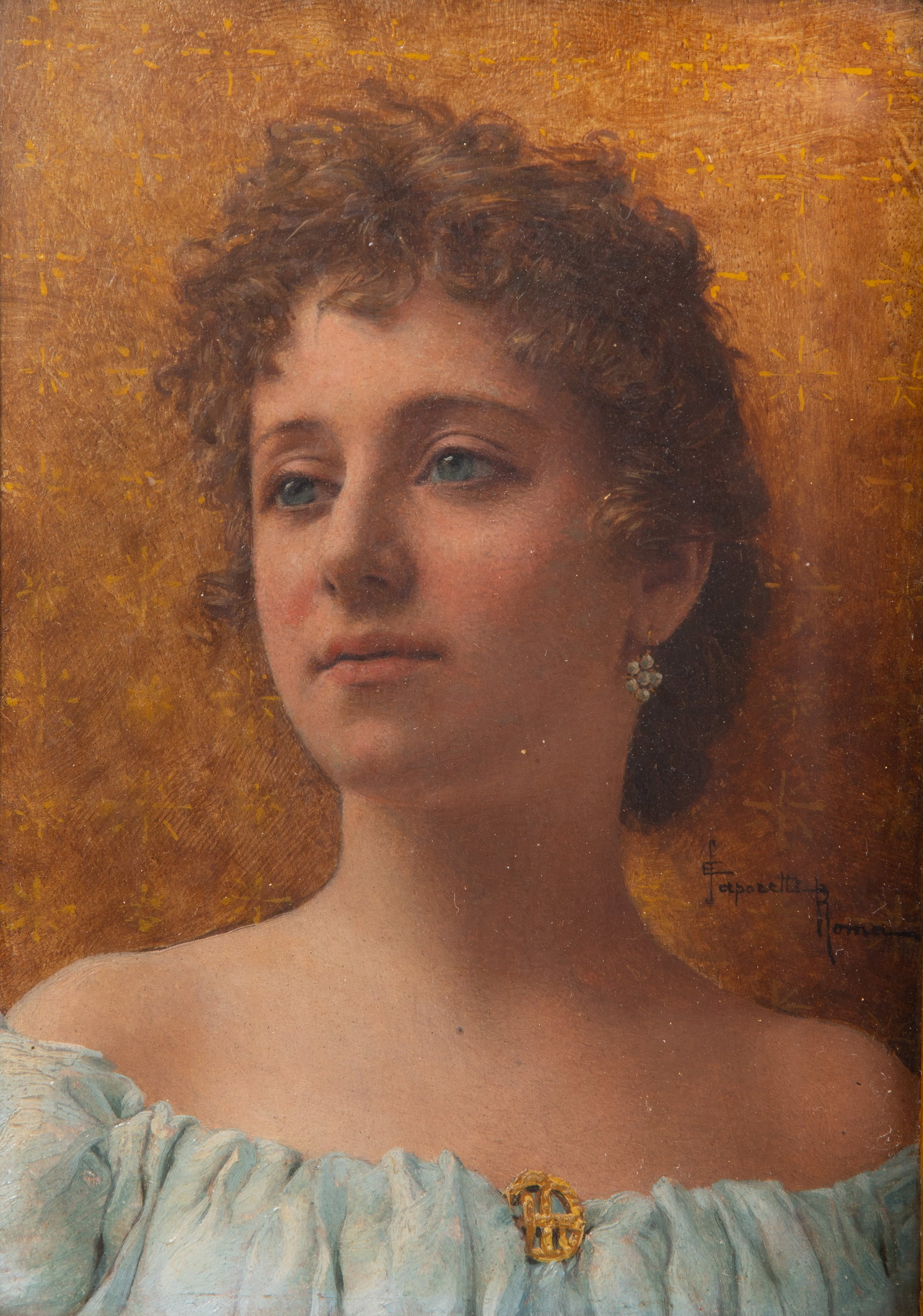 Edgardo Saporetti (Italian, 1865-1909) Oil on Cradled Panel: Edgardo Saporetti (Italian, 1865-1909) Oil on Cradled Panel Undated portrait of a young woman, signed and inscribed 'Roma' lower right quadrant above shoulder, behind glass in a gold-tone carved wood 