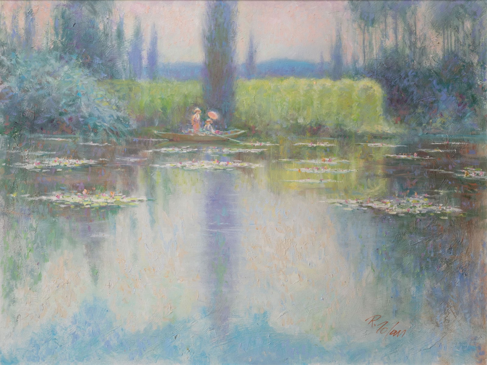 Richard Hudson Zolan (American, 1931-2001) Oil on Canvas: Richard Hudson Zolan (American, 1931-2001) Oil on Canvas Undated, signed lower right, depicting boaters on a pond, in a gold-tone frame Property from: a Private Collector Height: 34 1/2 inches, Width: