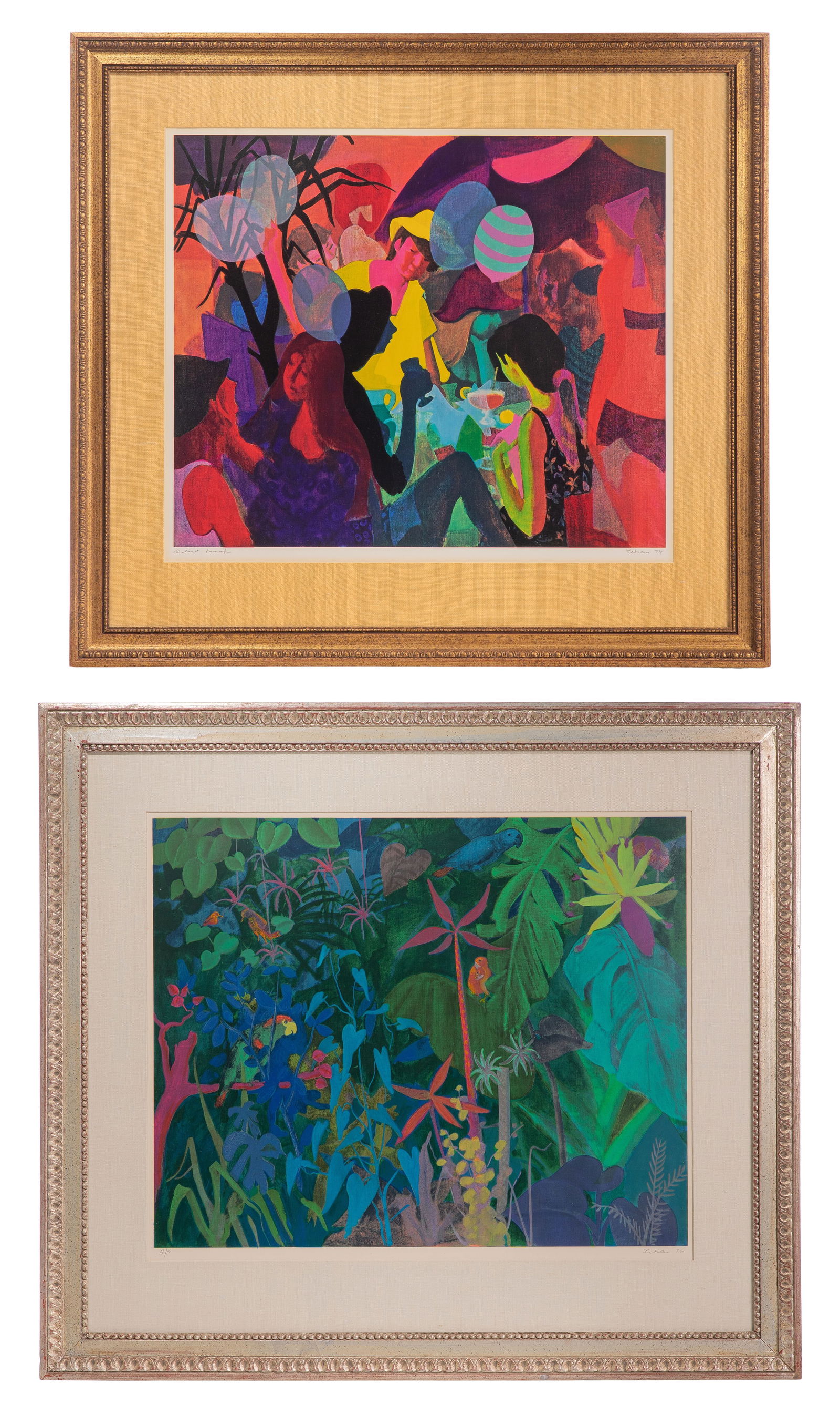 Gustav Likan (Yugoslavian, 1912-1988) Lithographs: Gustav Likan (Yugoslavian, 1912-1988) Lithographs (2) items, both artist proofs and pencil signed lower right, depicting a 1974 group scene and a 1976 depiction of parrots in a jungle, in gold-tone wo