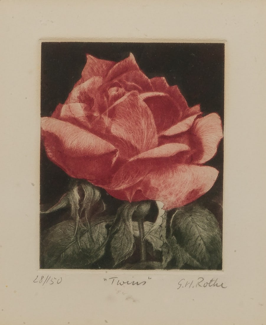 Gatja Helgart Rothe (German, 1935-2007) 'Twins' Mezzotint Etching: Gatja Helgart Rothe (German, 1935-2007) 'Twins' Mezzotint Etching (9) total items including undated Rothe, pencil signed 'G. H. Rothe' lower right and #28/150 lower left, linen matted behind glass in 