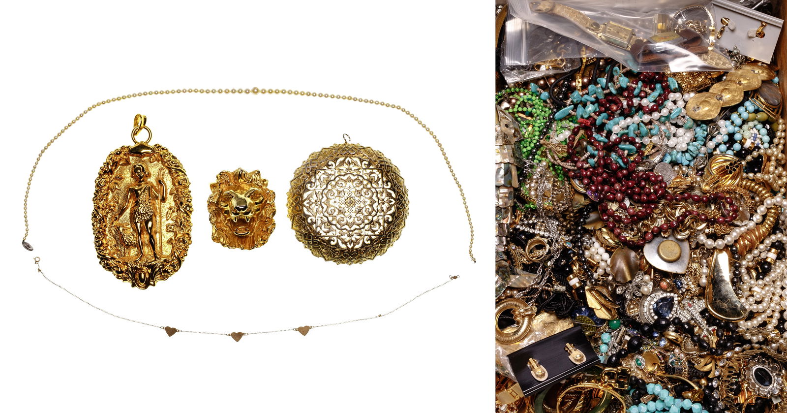 Gold, Judith Leiber and Costume Jewelry Assortment: Gold, Judith Leiber and Costume Jewelry Assortment Gold including a pearl necklace and a chain necklace having three heart shaped links (marked '14k' on clasps), designer jewelry including a pendant a